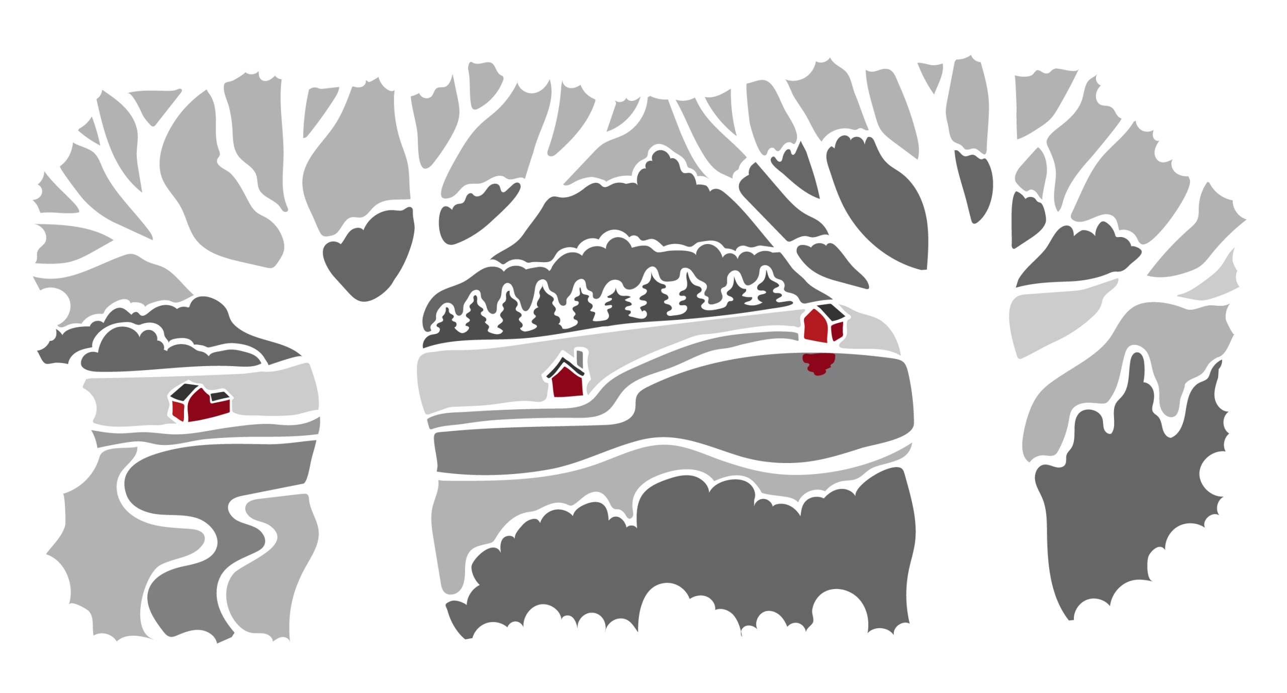 An illustration of a quiet forest with cabins by a river