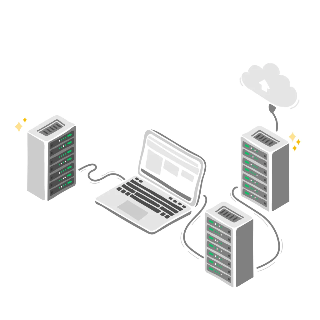 Several servers connected and one computer