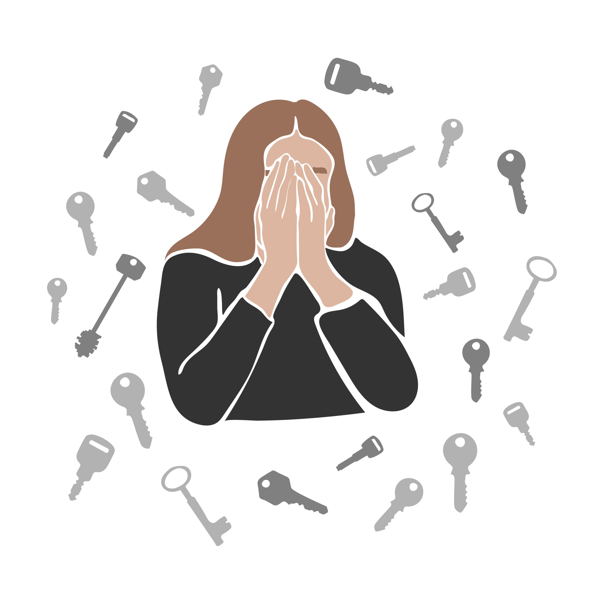A woman in distress with loads of keys flying around her