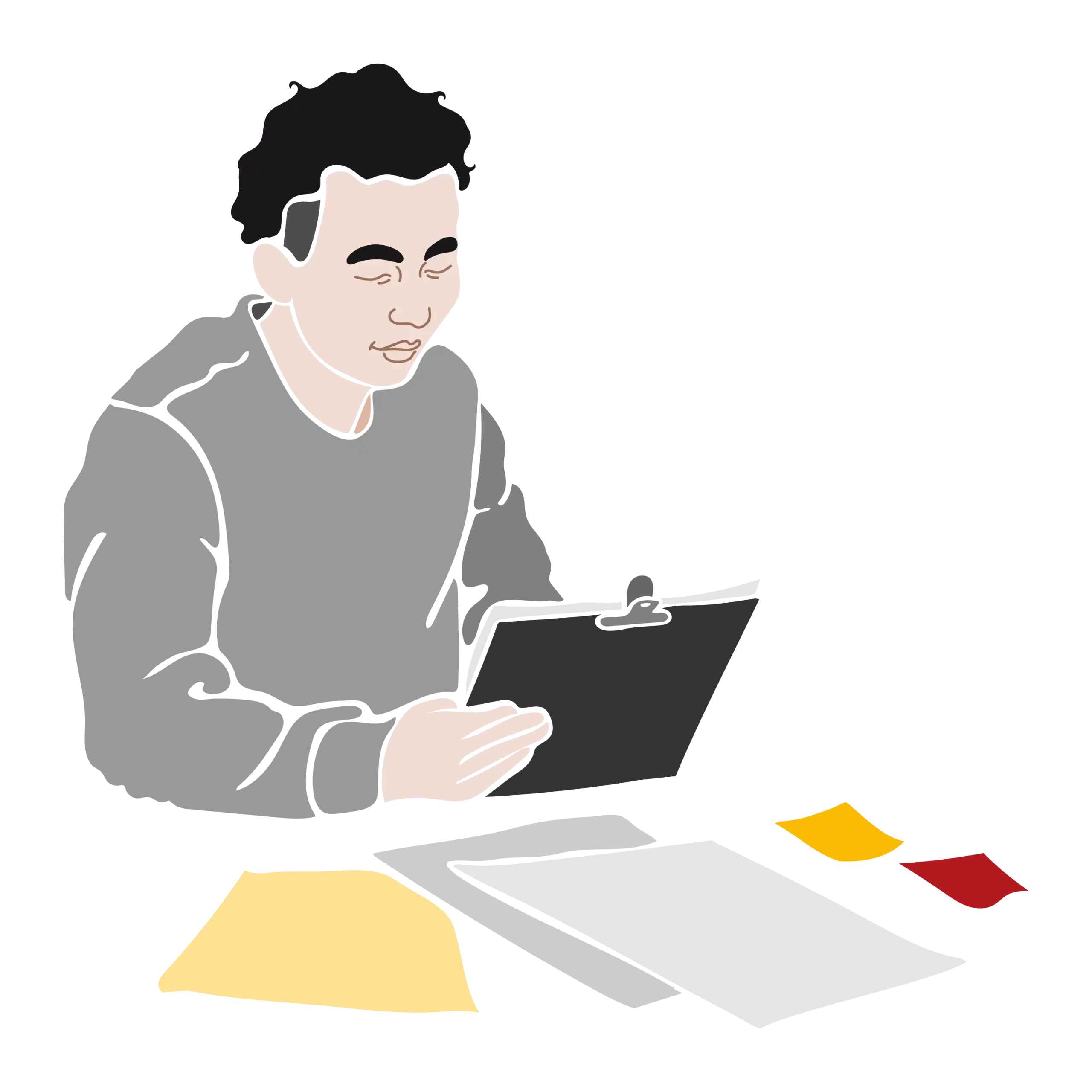 A man with a clipboard and some post its