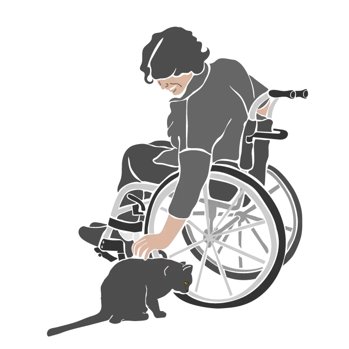 A woman in wheelchair petting a grey cat