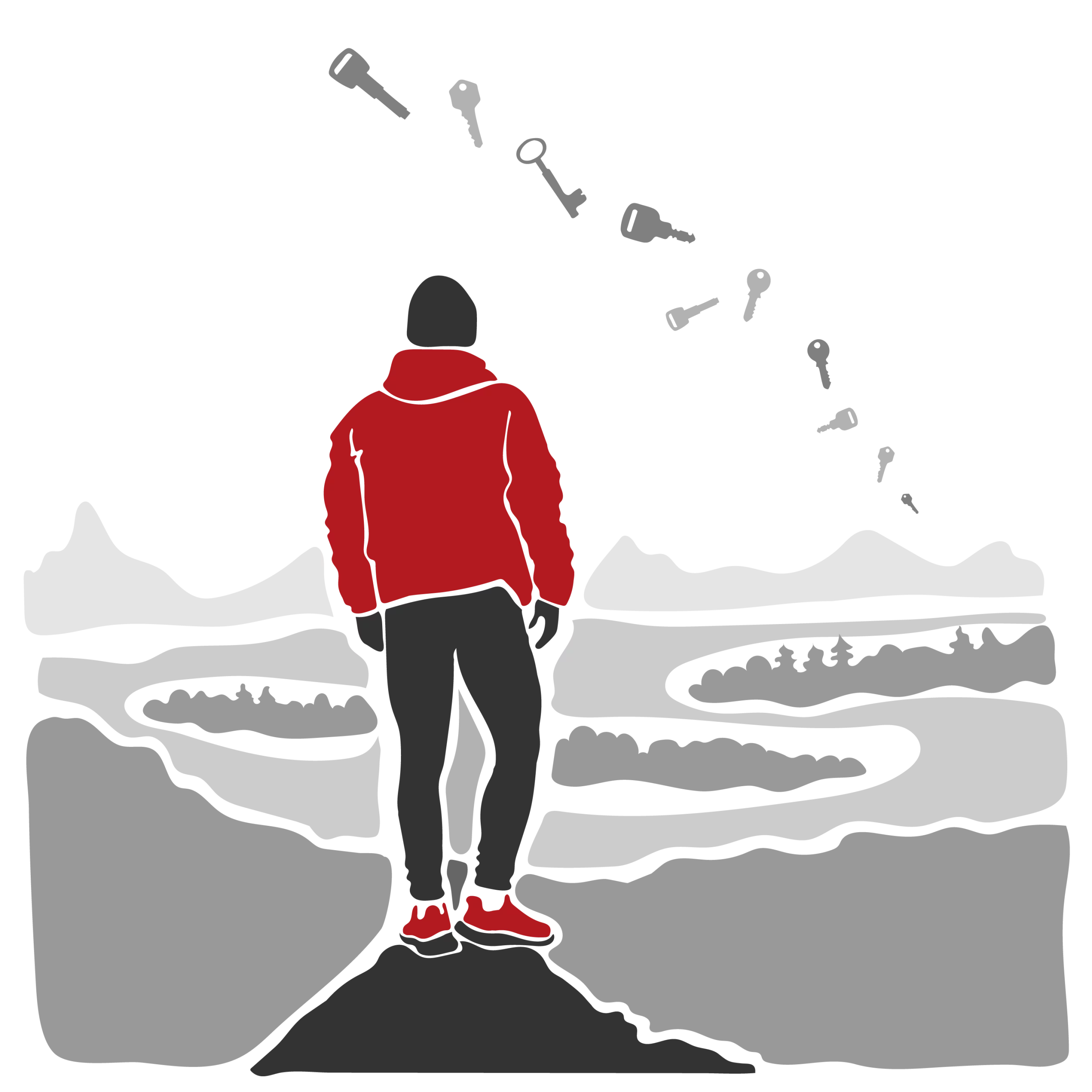 A backside of a man in nature with floating keys around him